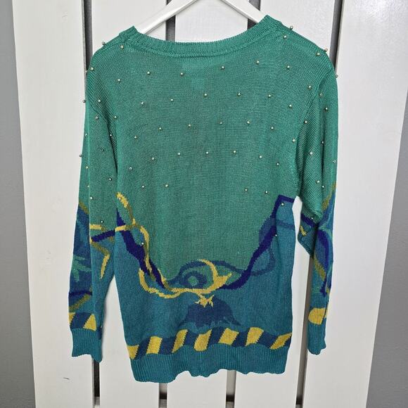 Mondi Teal Blue Flower VTG Pullover Rayon Silk Blend Embellished Sweater Size 40 - Picture 2 of 6